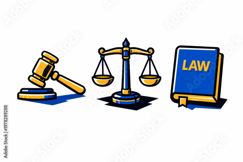 Gavel Scales of Justice and Law Book Icons Neobrutalism Neo-brutalism Vector Icon Flat Design Bold O