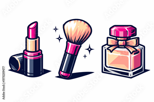 Cosmetic Set Lipstick Makeup Brush and Perfume Bottle Neobrutalism Neo-brutalism Vector Icon Flat De
