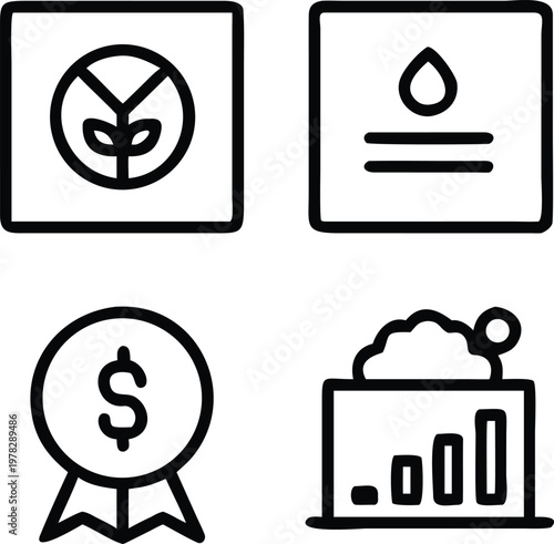 A collection of environmentally conscious icons designed for eco-friendly messaging. The set comprises four distinct square-framed icons: a peace sign intertwined with a plant.