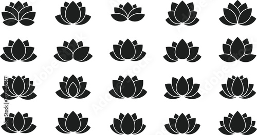 Black Lotus Flower Silhouette Vector Set Featuring Various Minimalist Floral Shapes For Zen Yoga Wellness Spa Meditation And Spiritual Oriental Graphic Designs