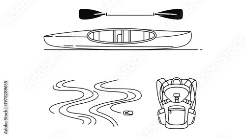 Kayaking Adventure Essentials: A minimalist illustration showcases a kayak, a paddle, a backpack, and a stylized river path, symbolizing the key components of an exciting water adventure. 