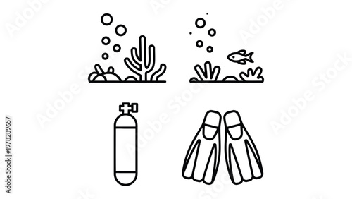 Ocean Dive: Underwater icons and scuba gear graphic representing the essentials for underwater exploration. diving into the depths of the ocean.
