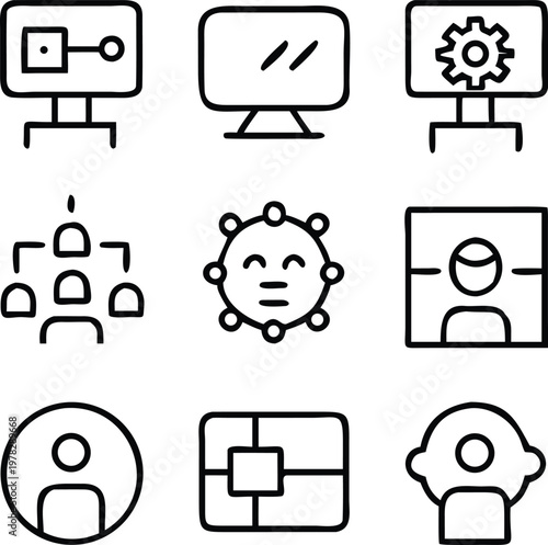 An array of illustrative technology and people icons, with a minimalist aesthetic, are artfully arranged in this digital design. 