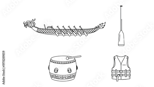 Dragon Boat Gear Essentials: An illustration of a dragon boat, paddles, life jacket, and drum, essential tools for water sports and cultural events, depicted in a minimalist style.