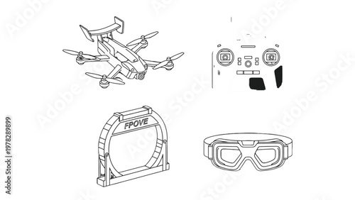 FPV Drone Set: An overhead illustration presents an FPV drone, alongside essential components like remote control, a headset, and a gateway, set against a pristine backdrop.