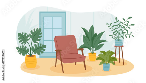 Home room interior with green plants and armchair. Concept of relax, greening, gardening, psychotherapy. Vector hand drawn background.