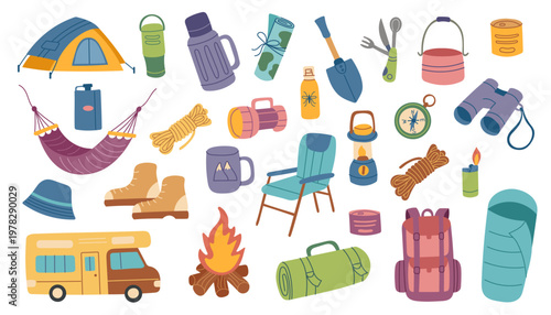 Set of camping and hiking objects isolated on white background. Vector flat cliparts. The concept of travel, camping, hiking and outdoor recreation.