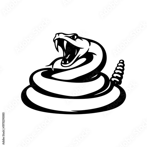 Dibujo minimalista con líneas de una serpiente de cascabel enojada, con la boca abierta, enseñando los colmillos y la lengua bífida