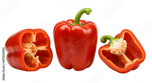 Red bell peppers whole and cut in half showing seeds and interior  healthy food transparent background