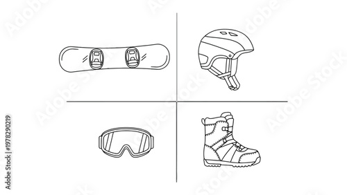 Snowboarding Gear: An illustration of snowboarding equipment, including a snowboard, helmet, goggles, and boot.