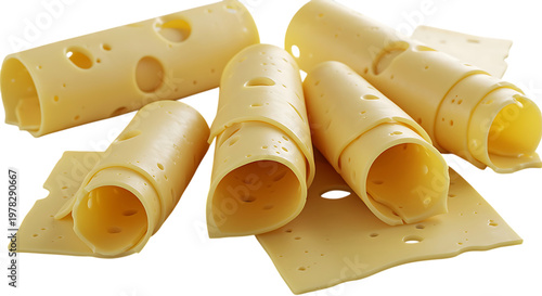 Rolled slices of Swiss cheese with holes on white background transparent background