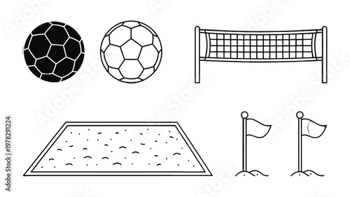 Sports Collection: An array of sports equipment illustrations, meticulously crafted in black and white, invites the viewer to celebrate the spirit of athletic competition and the joy of participation.