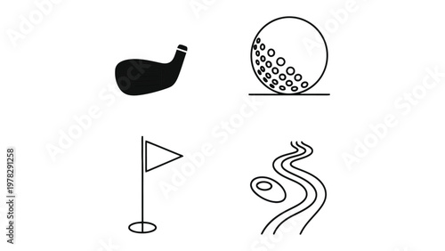 Golf Essentials: A minimalist depiction of golf essentials. These include a golf club, a golf ball, a flag, and a meandering course illustration. Emphasizing the key elements of the sport.