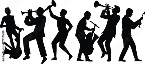 Silhouette collection of jazz band musicians performing with instruments during concert performance.