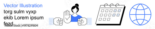 Teamwork, communication, scheduling, decision-making, time management, connectivity. Woman raising hand, handshake calendar globe icons. Teamwork and communication showcased