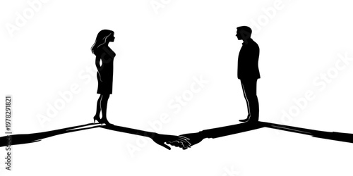 A man and woman standing on opposite sides reaching for each other