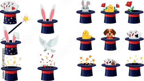 Magic hat vector illustration set featuring magician tricks with rabbit dove cards wand and cute objects appearing from top hat isolated on white background