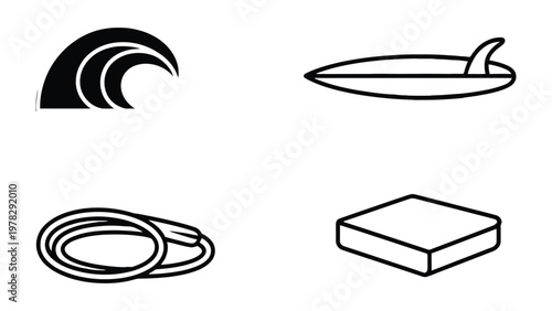 Surf Icons: A collection of simple, elegant icons representing surfing, embodying the essence of the ocean and the thrill of the ride.