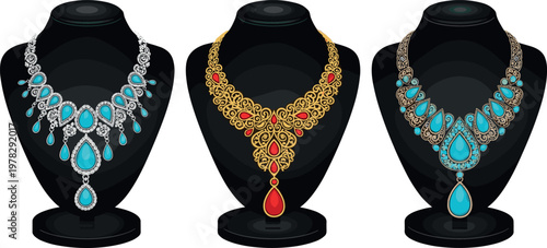Luxury gemstone necklace collection with gold and silver ornate jewelry designs, elegant bridal accessories set on display bust vector illustration