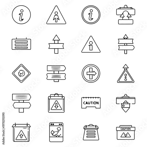 A collection of handdrawn road signs and information icons in a sketchy black and white doodle line art style.