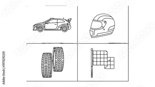 Racing Elements: A visual narrative, racing car, helmet, tires, and finish flag, symbolizes speed, safety, and triumph.