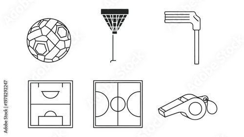 Sports Icons: A collection of simple, black and white illustrations of various sports equipment, capturing the essence of the games.