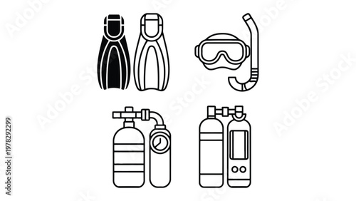 Essential Scuba Diving Gear: A collection of essential scuba diving equipment illustrated with bold lines, inviting viewers to explore the underwater world.