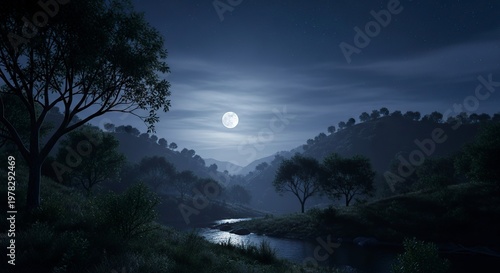 Nighttime Landscape - Moonlit River and Serene Hills.