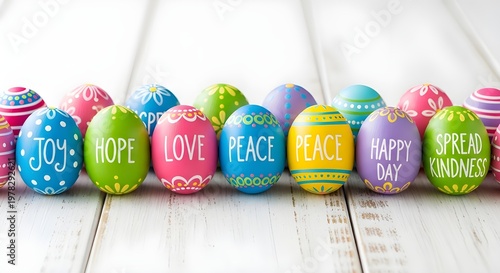 Row of colorful Easter eggs with inspirational words on white wood background