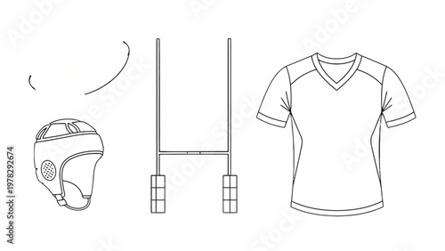 Rugby Essentials: Line art showcases the core elements of rugby. Featuring a protective helmet, goal post, and jersey, inviting viewers into the game.
