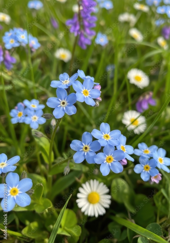 Obraz premium Blue Flowers and White Daisies in Lush Green Meadow Under Sunlight