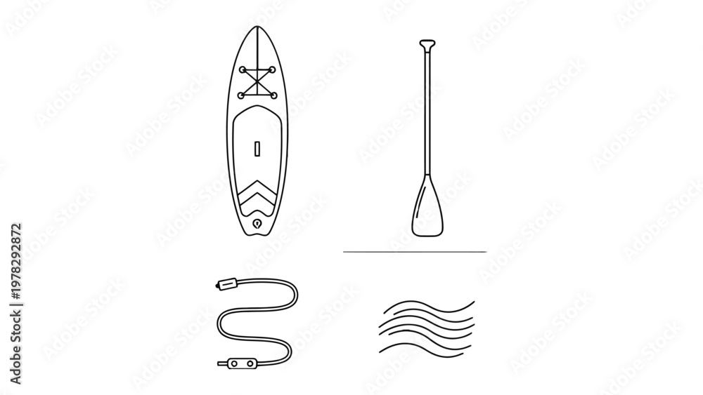 Obraz premium Stand Up Paddle Boarding Essentials: A sleek paddleboard, a paddle, a coiled leash, and stylized waves, these key elements define stand-up paddleboarding, inviting adventure on the water.