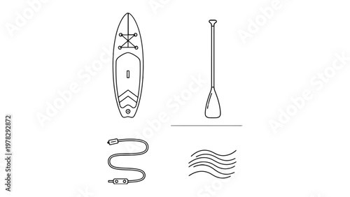 Stand Up Paddle Boarding Essentials: A sleek paddleboard, a paddle, a coiled leash, and stylized waves, these key elements define stand-up paddleboarding, inviting adventure on the water.