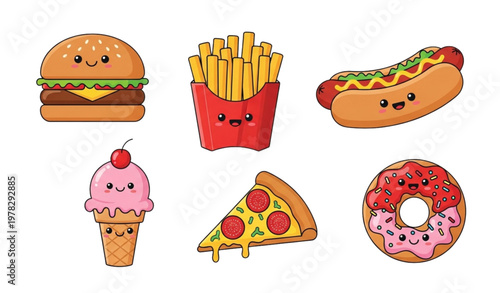 Cartoon junk food vector set with burgers, fries, pizza, hot dogs, and donuts