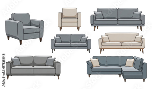 Contemporary sofas and armchairs vector set for home and office interiors