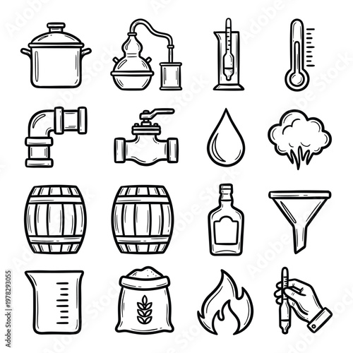 Brewery and distillery equipment and ingredients outline icon set.
