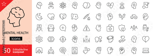 Mental health icons set. Containing depression, anxiety, stress, mental care, empathy, loneliness, bipolar, PTSD, psychology symbol, panic, mind disorder and more. Vector illustration.