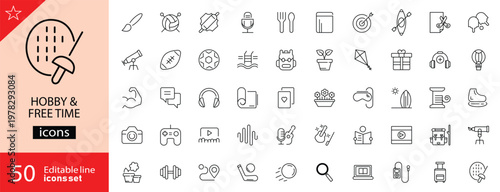 Hobby and free time icons set. Including music, painting, reading, photography, gaming, sports, gardening, cooking, and more. Editable stroke. Vector illustration. Outline icons.