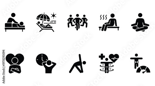 Health and wellness lifestyle icons set black silhouettes vector art.