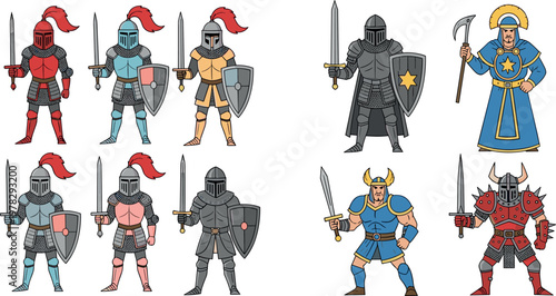 Medieval fantasy warriors and knights set with swords, shields, armor and mage characters, colorful detailed vector illustration collection