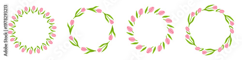 Vector collection of minimal tulip circle borders in flat style. Delicate pink buds and fresh green foliage in different wreath compositions. Cute garland for Easter cards, social media templates.