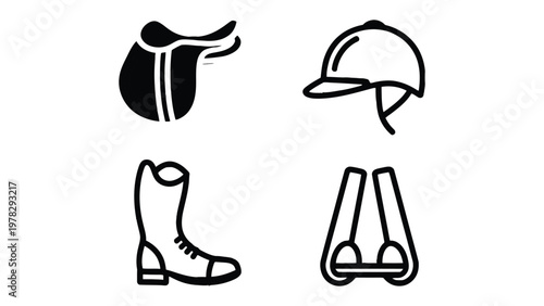 Equestrian Essentials: A collection of essential equestrian equipment, each element symbolizes the tools and gear vital for safe and successful horseback riding.