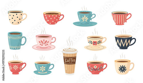 Cute tea and coffee cups vector set with hand-drawn mugs isolated on white