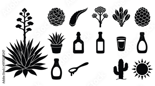Agave plants and tequila related objects silhouette collection.