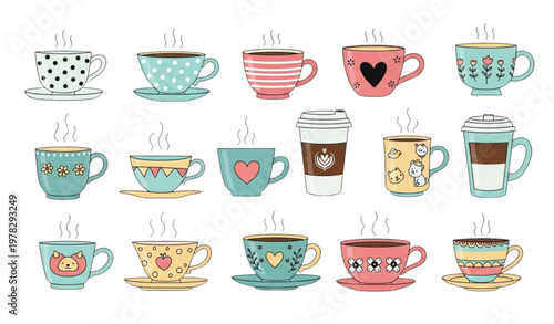 Flat vector set of cute hand-drawn tea and coffee mugs isolated on white