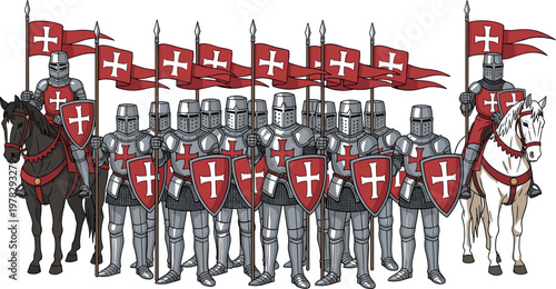 Medieval crusader army vector illustration featuring knights with red cross shields, flags and horses isolated historical battle scene
