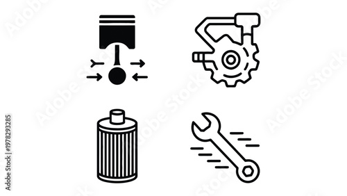 Automotive Icon Collection: A set of black and white mechanical icons, including a piston, ratchet, oil filter, and wrench, ready for repair work.