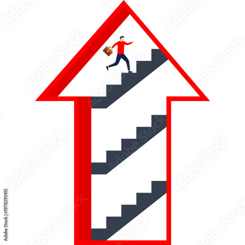 Man climbing internal stairs within an arrow up shaped opening in a building representing structural growth and career advancement

