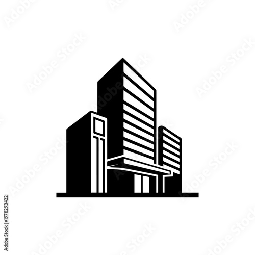 Black and white vector icon of a modern multistory office building complex from a low angle perspective.