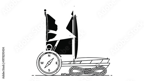 Vintage Sailboat Compass Logo: A classic logo design featuring a sailboat gracefully fused with a compass, evoking adventure and maritime heritage.